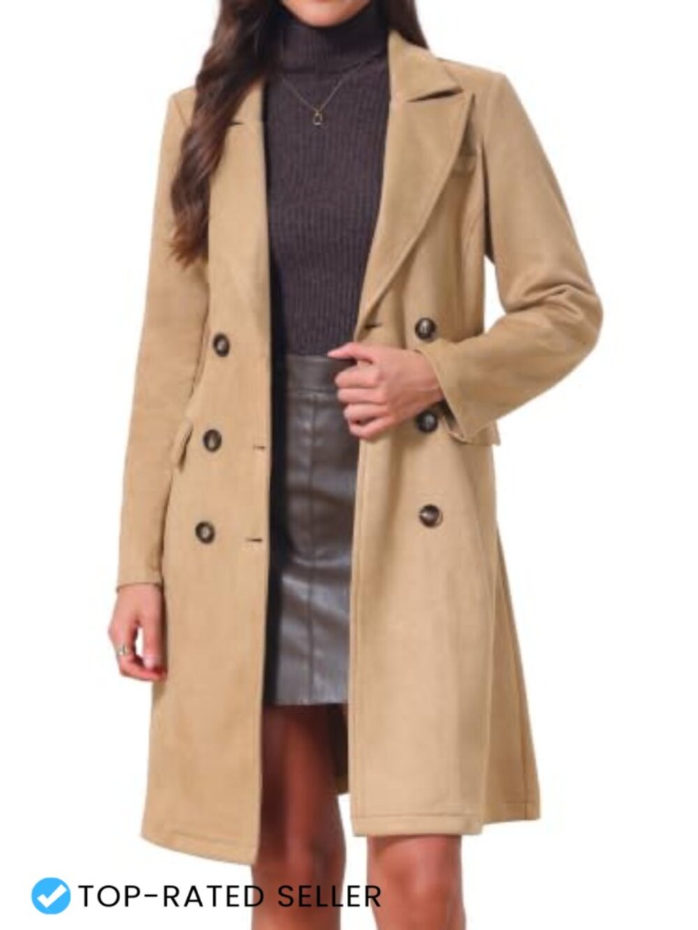 Faux Suede Trench Coat Notched Lapel Double Breasted Belted Overcoat